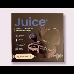 BlueJayAudio Juice Wireless Earbuds headphones, Power-bank and charging wire.